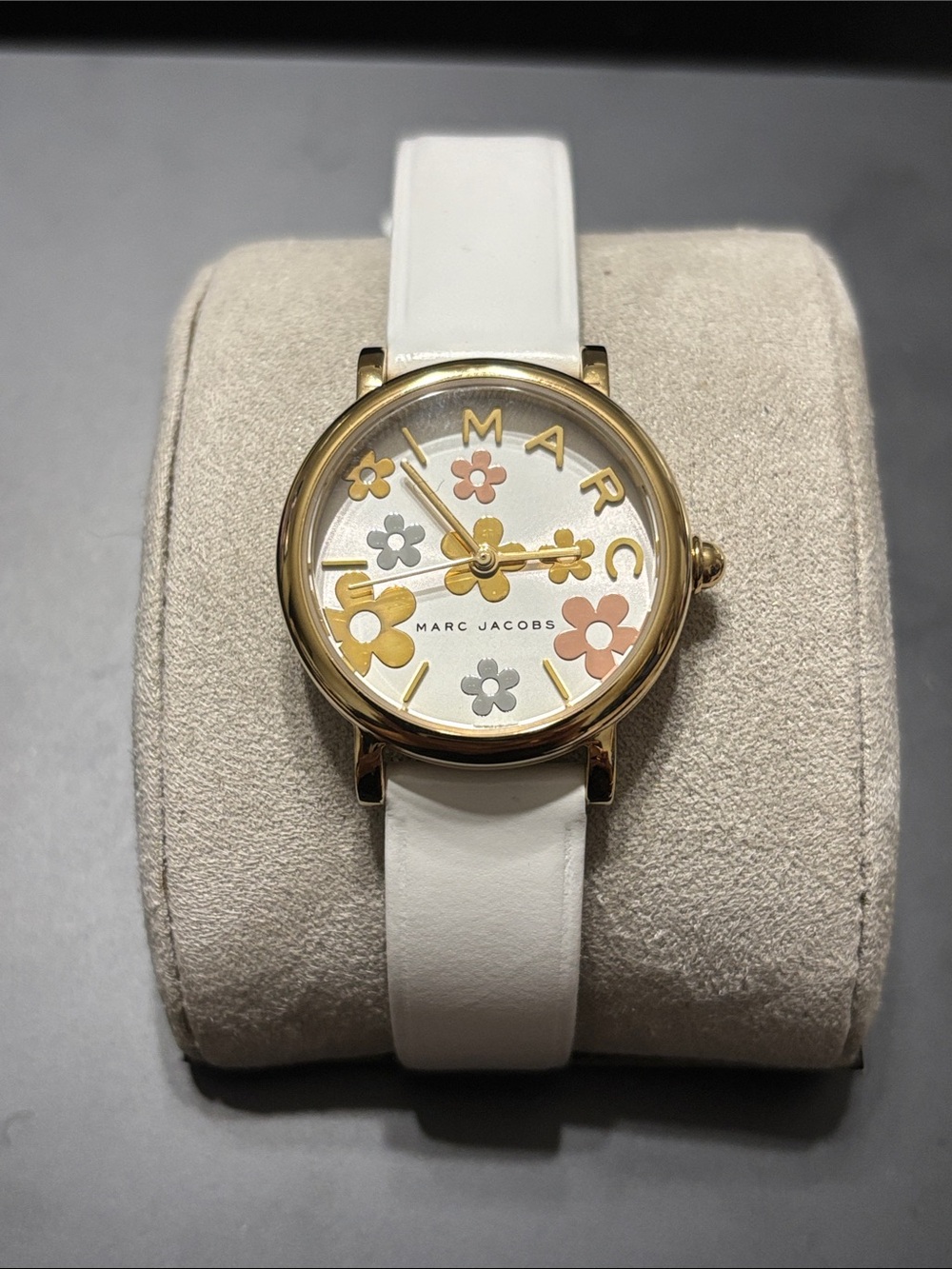 Marc Jacobs White Leather Watch with Gold Case and Floral Dial
